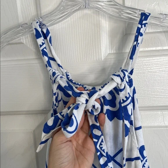 1.state revolve linen blue, white Portuguese tile print open back maxi dress Med - Picture 7 of 10